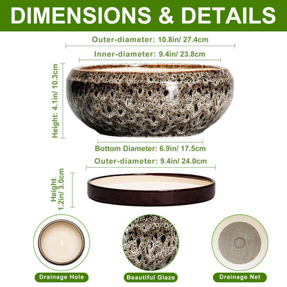 EPFamily Succulent Pots 10 Inch - Ceramic Bonsai Pots with Drainage Hole and Tray, Large Succulent Planters, Shallow Planter Indoor, Round Planter Bowl, Window Decor, Gifts for Plant Lovers, White