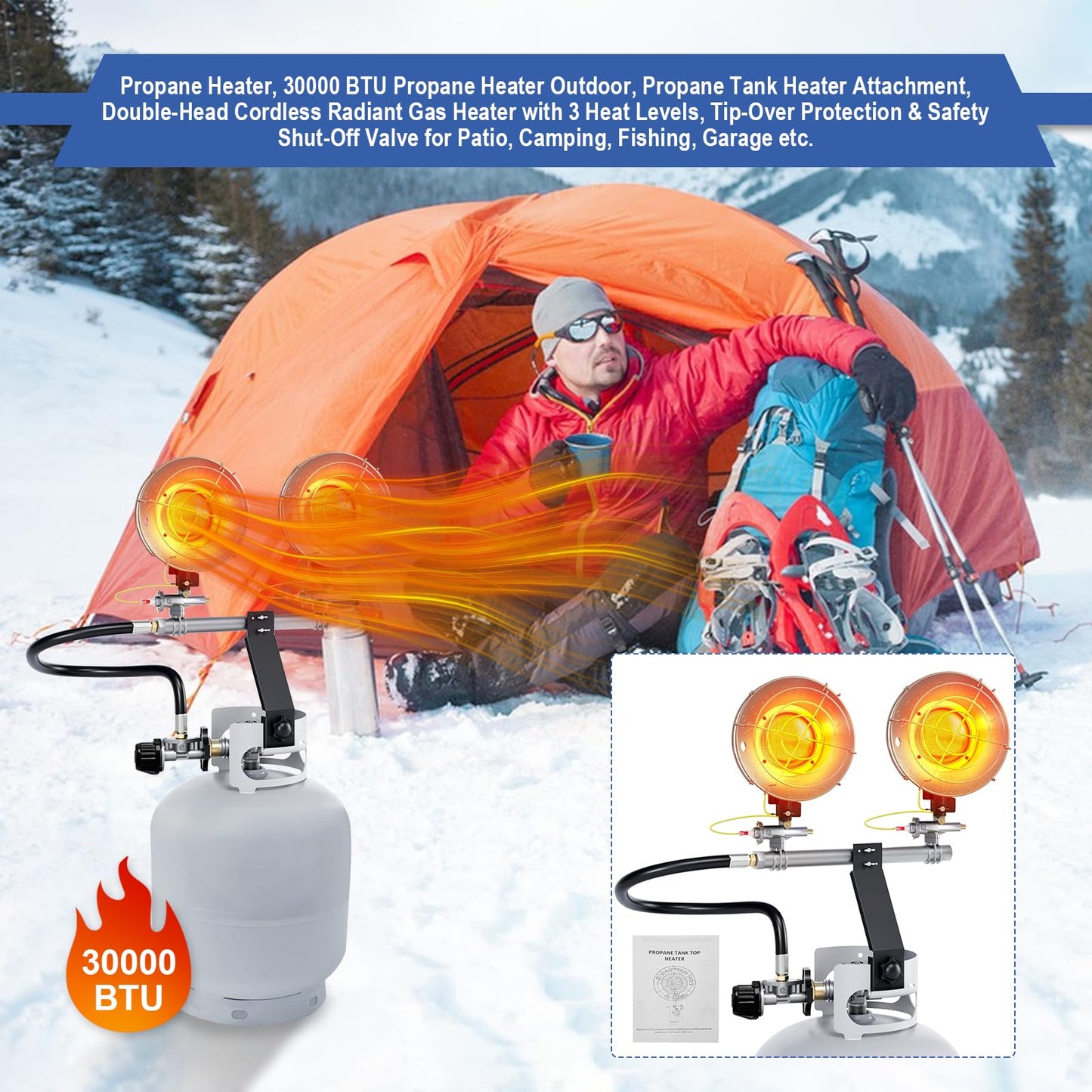30000 BTU Propane Heater Outdoor, Propane Tank Heater Attachment Double Tank Top Radiant Gas Heater With Tip-Over Protection, 3 Heat Settings, Safety Shut-Off Valve for Patio,Camp,Fish,Garage.