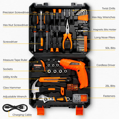 MarvTool 140 Piece Tool Set, Portable Tool Box with Cordless Drill, Home Repair Hand Tool Kit, General Household Drill Set for Homeowner, DIY, Handyman, Women