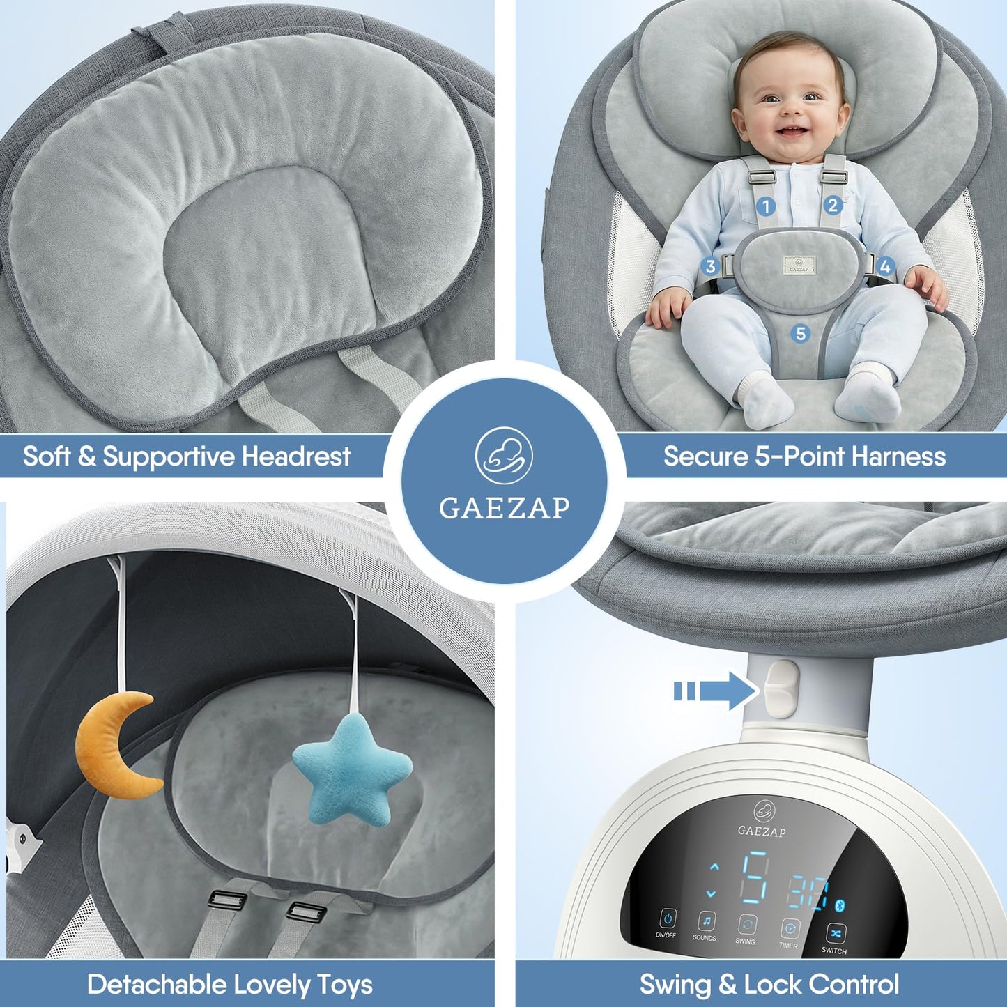 GAEZAP Electric Baby Swing for Infants, Portable Infant Swing with Music Speaker, 5 Swing Speeds, Remote Control, for Indoor Use, Newborn Boys & Girls, White