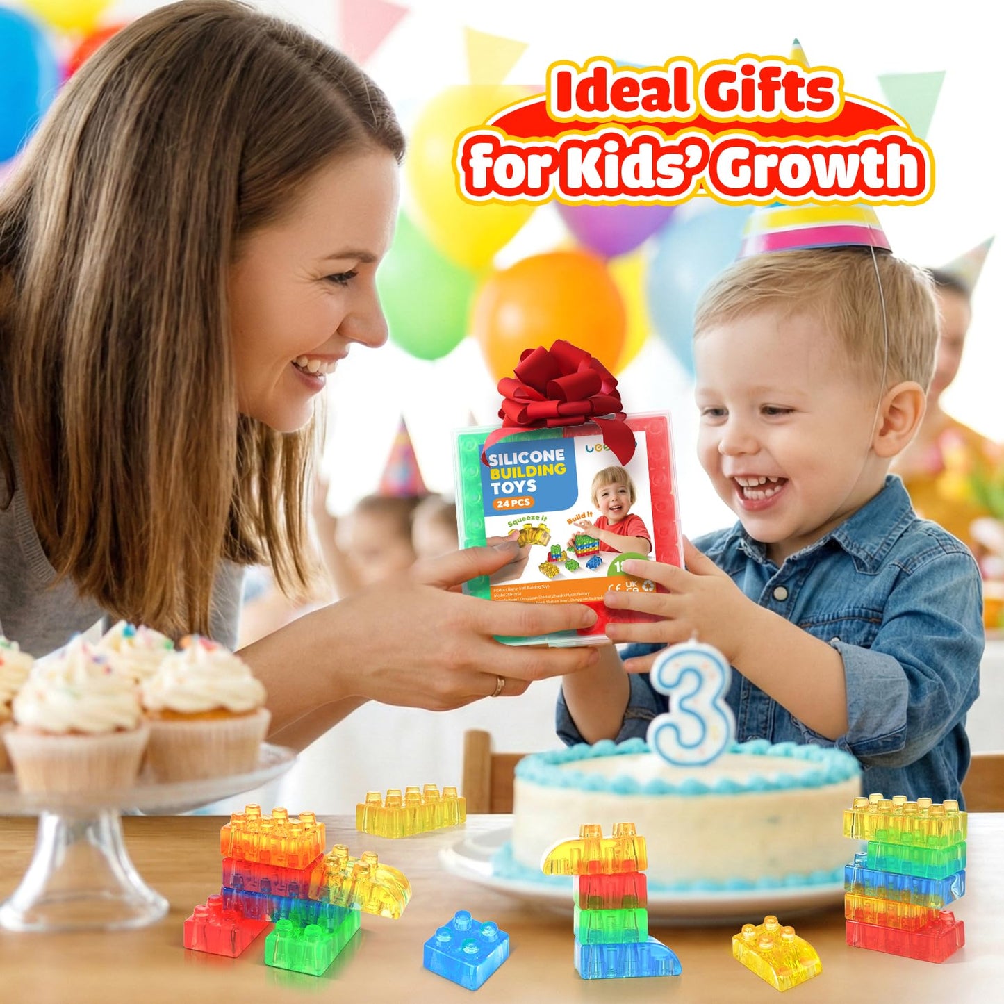 LESONG Sensory Building Toys for Toddlers: 24PCS Squeezable Silicone Stacking Toys – Early Learning Construction Playset for Preschool Manual Skills, Birthday Gifts