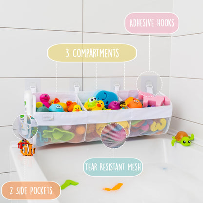 Comfylife Large Bath Toy Organizer with Letters and Numbers – 3 Compartment Bath Toy Holder for Bathtub & Shower – Quick-Dry Mesh with 4 Strong Adhesive Hooks