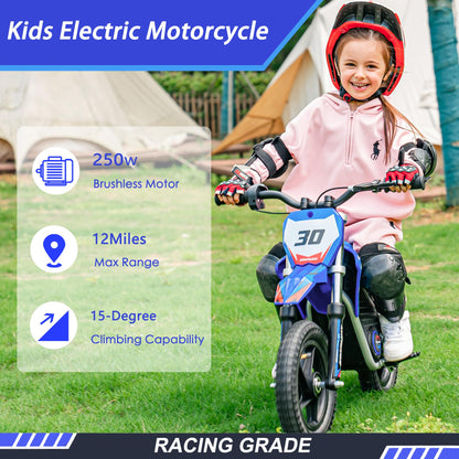 OLALA 36V Electric Dirt Bike for Kids 3-6, 250W Brushless Motor with 3-Speed Control, 15.5 MPH Max Speed, 12" Off-Road Tires Motorcycle, for Boys & Girls, Blue