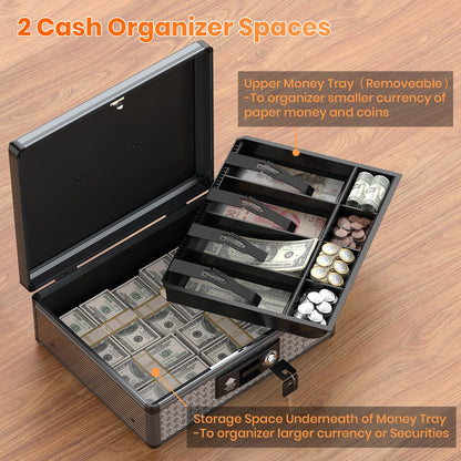 Glosen Cash Box with Lock, Money Box with Key Lock & Removable Coin Tray 13.5 * 4.31 * 11.4inch (Black, Large)