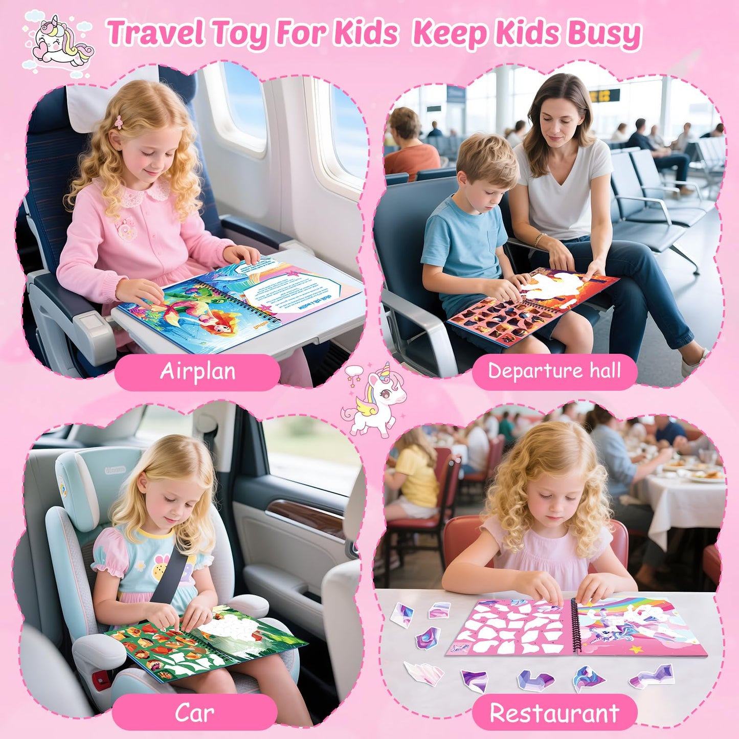4Pcs Paint by Number Sticker Book for Kids Ages 4-8 | Travel Sticker Activity Books with Stories for Girls | Screen-Free Airplane & Car Toy, Educational Puzzle Easter Craft Gift for Toddlers 3-12