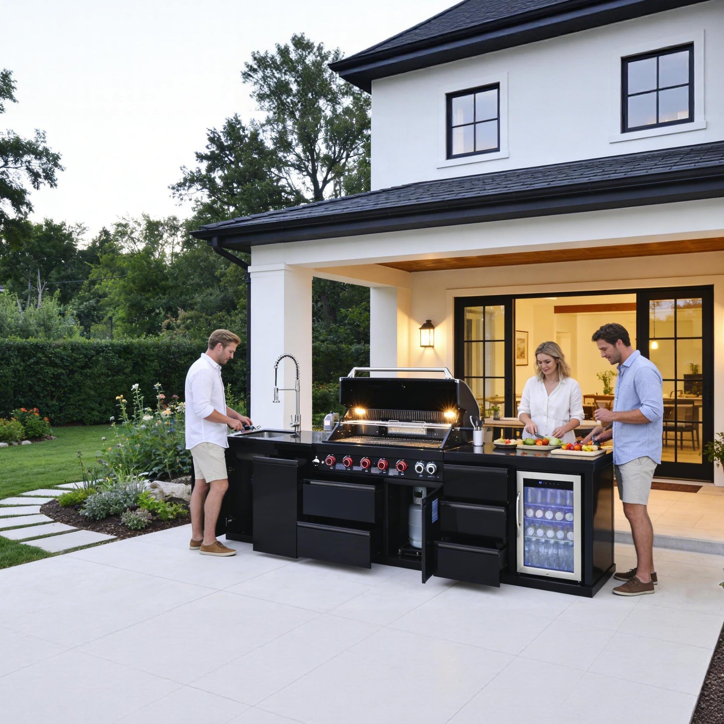 114 Inch Outdoor Kitchen Island, 6 Burner Propane Gas BBQ Grill Station, 83500 BTU 304 Stainless Steel Grill Combo with Sink & Refrigerator, CSA ETL Certified, Black