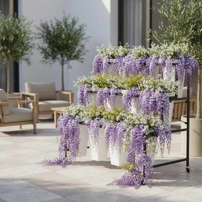 Flower Display Stands With Buckets, With 12pcs Buckets, 3-Tier Rolling Flower Bar,Heavy Duty Metal Flower Cart,For Indoor/Outdoor Use, Wedding Decor & Florist Displays (B - Black frame, white bucket)