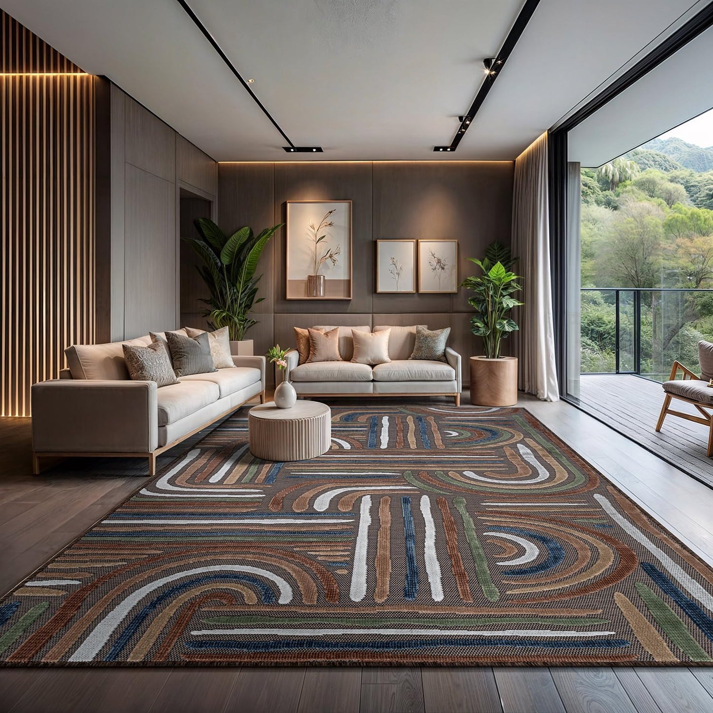 CAMILSON Indoor Outdoor Rug, Brown 9x12 Geometric Arch Striped Large Area Rugs for Patio and Home Areas, Easy-Cleaning Non-Shedding Living Room, Garden and Deck Washable Outside Carpet (9 x 12)