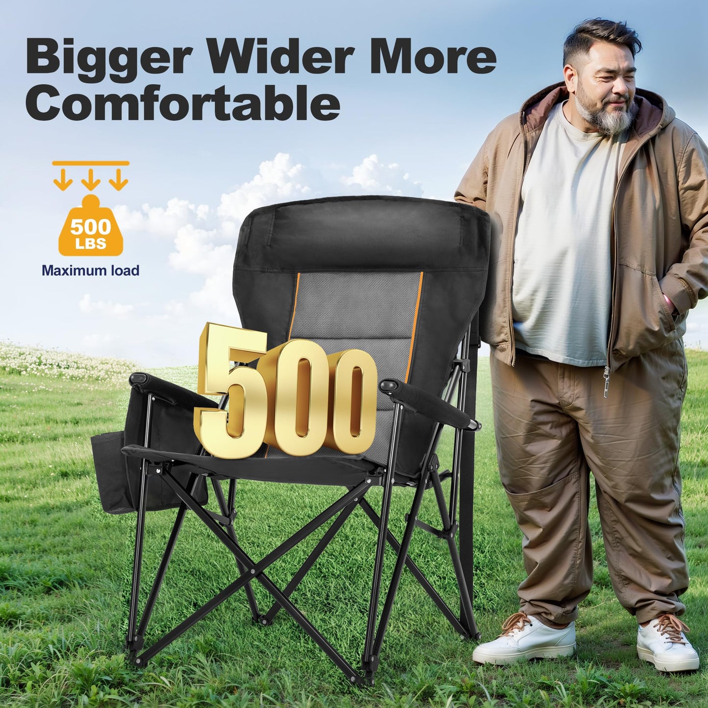 LET'S CAMP Oversized Camping Chairs 29.52" High Back Heavy Duty Lawn Chair Support 500LBS, Portable Collapsible Chair with Cup Holder, Side Pocket,2 Pack(Black)