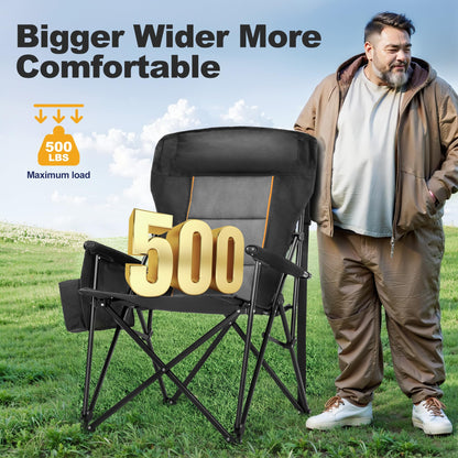 LET'S CAMP Oversized Camping Chairs 29.52" High Back Heavy Duty Lawn Chair Support 500LBS, Portable Collapsible Chair with Cup Holder, Side Pocket,2 Pack(Black)