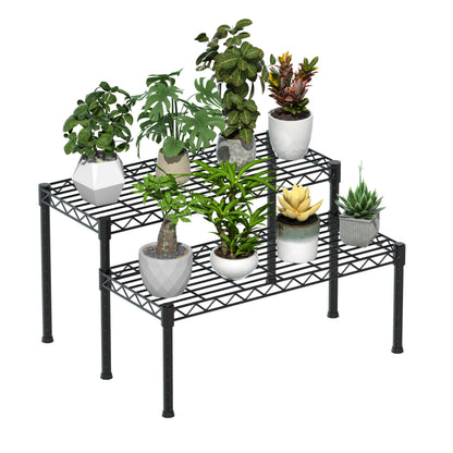 Xiofio 2 Tier Ladder Potted Multiple Plants for Indoor and Outdoor Plant Stands, Adjustable Shelves and Multifunctional Plant Racks suitable for living room balconies and gardens,(Black)
