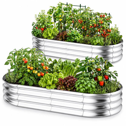 HOOPLE 2 Pack Raised Garden Bed 6x3x1FT, Galvanized Metal Raised Garden Bed Outdoor, Oval Design with Open Base for Better Drainage, Easy Gardening for Vegetables, Flowers & Herbs