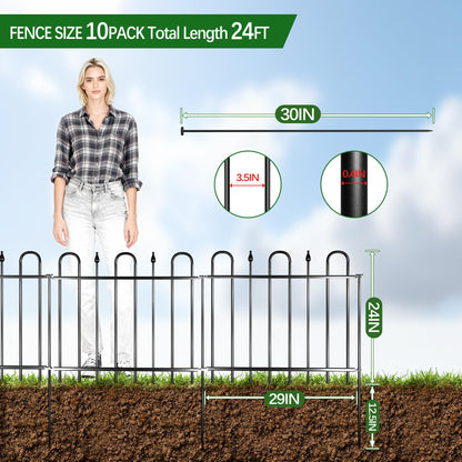 24.3ft(L) x 24in(H) 10 Panels Metal Rustproof Decorative Garden Fence, No Dig Animal Barrier Fence, Outdoor Border Fence Panels with Ground Stake, for Pets, Flower Bed, Yard, Patio