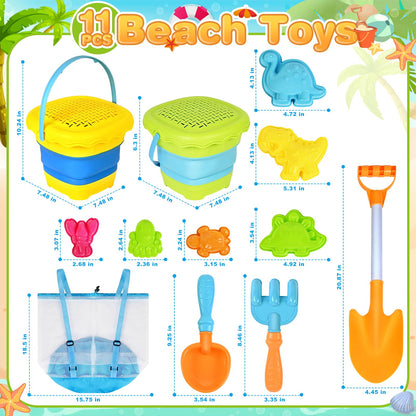 AuroTops Beach Toys for Kids,Collapsible Beach Buckets and Shovels Set with Mesh Bag,Sand Rake Toy,Cute Sand Molds for Kids and Toddlers Outdoor Toys,Summer Travel Beach Game Set