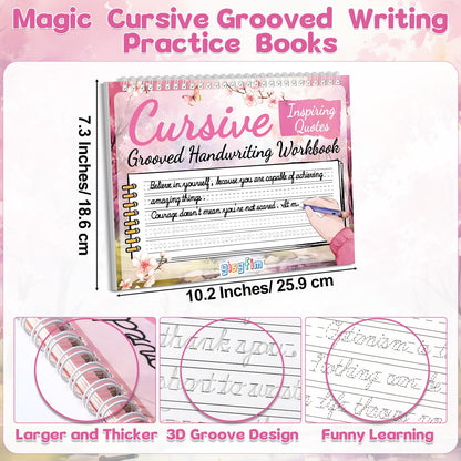gisgfim Grooved Cursive Handwriting Workbook Magic Reusable Grooved Cursive Handwriting Practice Guided Tracing with Disappearing Ink Pens for Beginner Learning Activities Supplies (Inspiring Quotes)