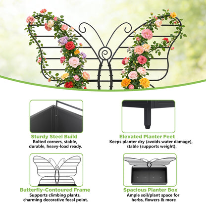 Zyphorinth Metal Planter Box with Trellis, Raised Garden Bed for Climbing Plants, Vegetables, Vines, Privacy Planters for Patio with Drainage Holes, Black- Butterfly-Shaped