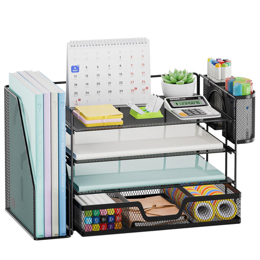Marbrasse Desk Organizer and Accessories，4-Tier Paper Letter Tray Organizer with File Holder, Desk Accessories & Workspace Organizers with Drawer and 2 Pen Holder (Black, 15.4" x 9.1" x 8.3")