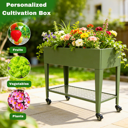 TISUWING Foldable Raised Garden Bed with Wheels, 38 x 14 x 32 Inch Galvanized Steel Elevated Planter with Storage Shelves, Rolling Outdoor Planter Box for Herbs, Vegetables & Flowers, Green