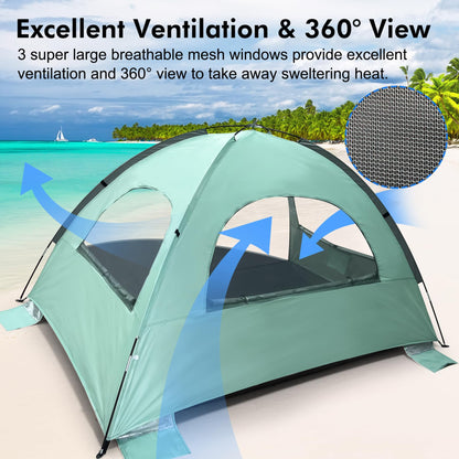 WhiteFang Beach Tent Anti-UV Portable Sun Shade Shelter for 3 Person, Extendable Floor with 3 Ventilating Mesh Windows Plus Carrying Bag, Stakes and Guy Lines (Mint Green)