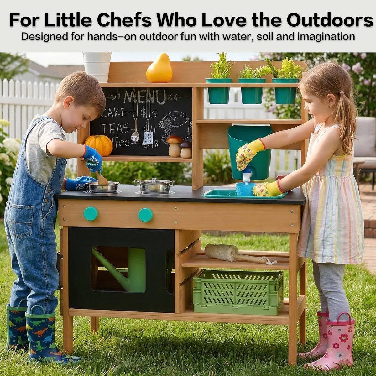 Mud Kitchen for Kids Outdoor, Wooden Play Kitchen with Real Working Faucet & Water Tank, Sensory Montessori Kitchen Playset with Sink, Chalkboard, Pots & Pans for Toddlers & Kids Ages 3+