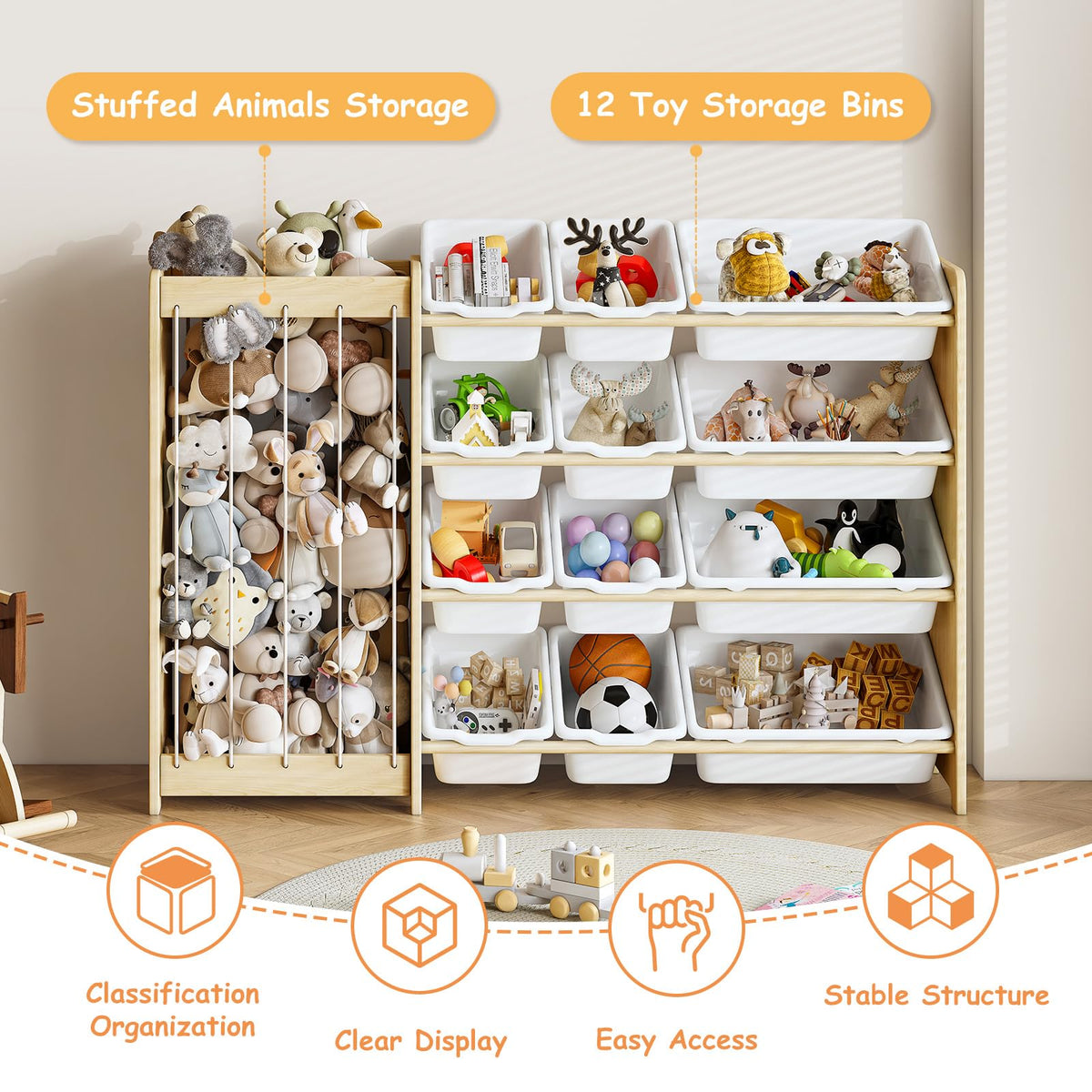 EXPERLAM Kids Toy Storage Organizer, 2-in-1 Stuffed Animal Storage & Toy Organizer w/12 Bins, Solid Wood Toy Rack Featuring Thicker Elastic Ropes to Hold Toys, Playroom Nursery Bedroom Storage, White