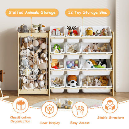 EXPERLAM Kids Toy Storage Organizer, 2-in-1 Stuffed Animal Storage & Toy Organizer w/12 Bins, Solid Wood Toy Rack Featuring Thicker Elastic Ropes to Hold Toys, Playroom Nursery Bedroom Storage, White