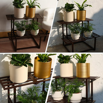 Rioneta Plant Stand Indoor Outdoor, Foldable Metal Plant Shelf for Multiple Pots, Mid Century Slatted Bench for Patio Garden, Heavy Duty Capacity 330 lbs 2 Tier Coffee