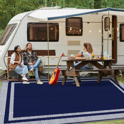 KMAT Outdoor Rug, Waterproof Reversible Patio Rugs, 8x10ft Large Outdoor Area Rug Foldable Plastic Camping Rugs for Outside RV, Patio,Picnic,Camper,Balcony,Porch (Blue &White)
