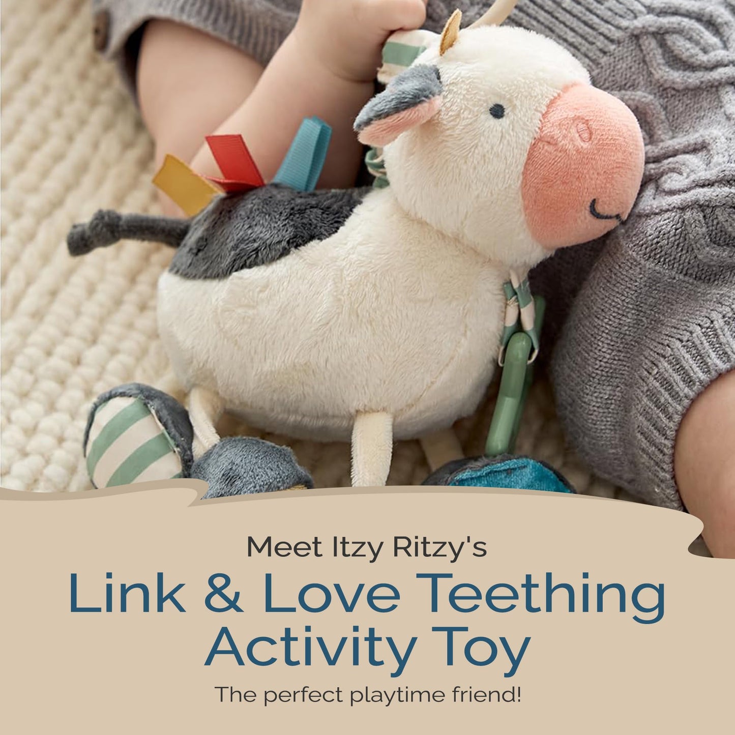 Itzy Ritzy Link & Love Toy for Stroller or Car Seat – Features Textured Ribbons, Crinkle Sounds, Clinking Rings & Silicone Teether – Designed for Ages 0 Months and Up (Cow)