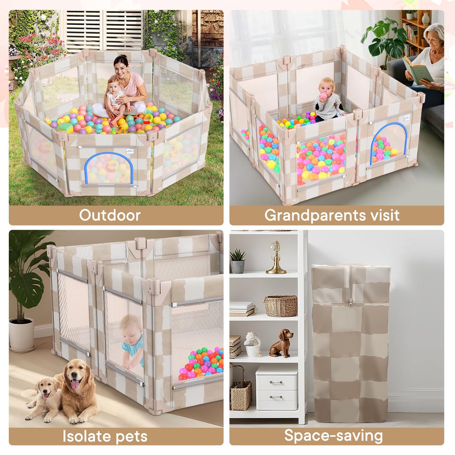 Tiny Marvels Baby Playpen, 50 x 50 in Play Pen for Babies and Toddlers, Foldable Baby Playpen, Play Yard for Infants with Breathable Mesh, Playard with Gate (Sand Checks,Mat not Included)