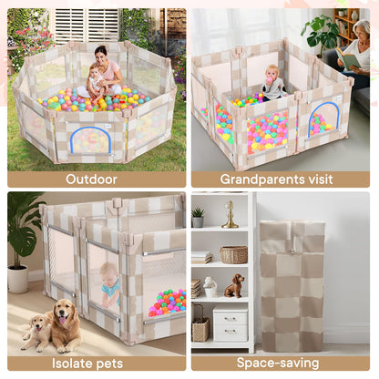 Tiny Marvels Baby Playpen, 50 x 50 in Play Pen for Babies and Toddlers, Foldable Baby Playpen, Play Yard for Infants with Breathable Mesh, Playard with Gate (Sand Checks,Mat not Included)