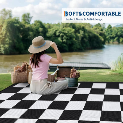 Jojoka Large Waterproof Outdoor Rug, Reversible Plastic Straw Mat, Modern Checkered Plaid Carpet, UV-Resistant & Collapsible for Patio Deck Camping, Easy Clean Outdoor Area Rug