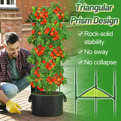 ANPHSIN Sturdy Triangle Tomato Cage with Movable 10 Gal Grow Bags - 3 Sets 47'' Plants Garden Trellis Planters, Support for Indoor Outdoor Beans, Peppers, Eggplants, Climbing Vegetables