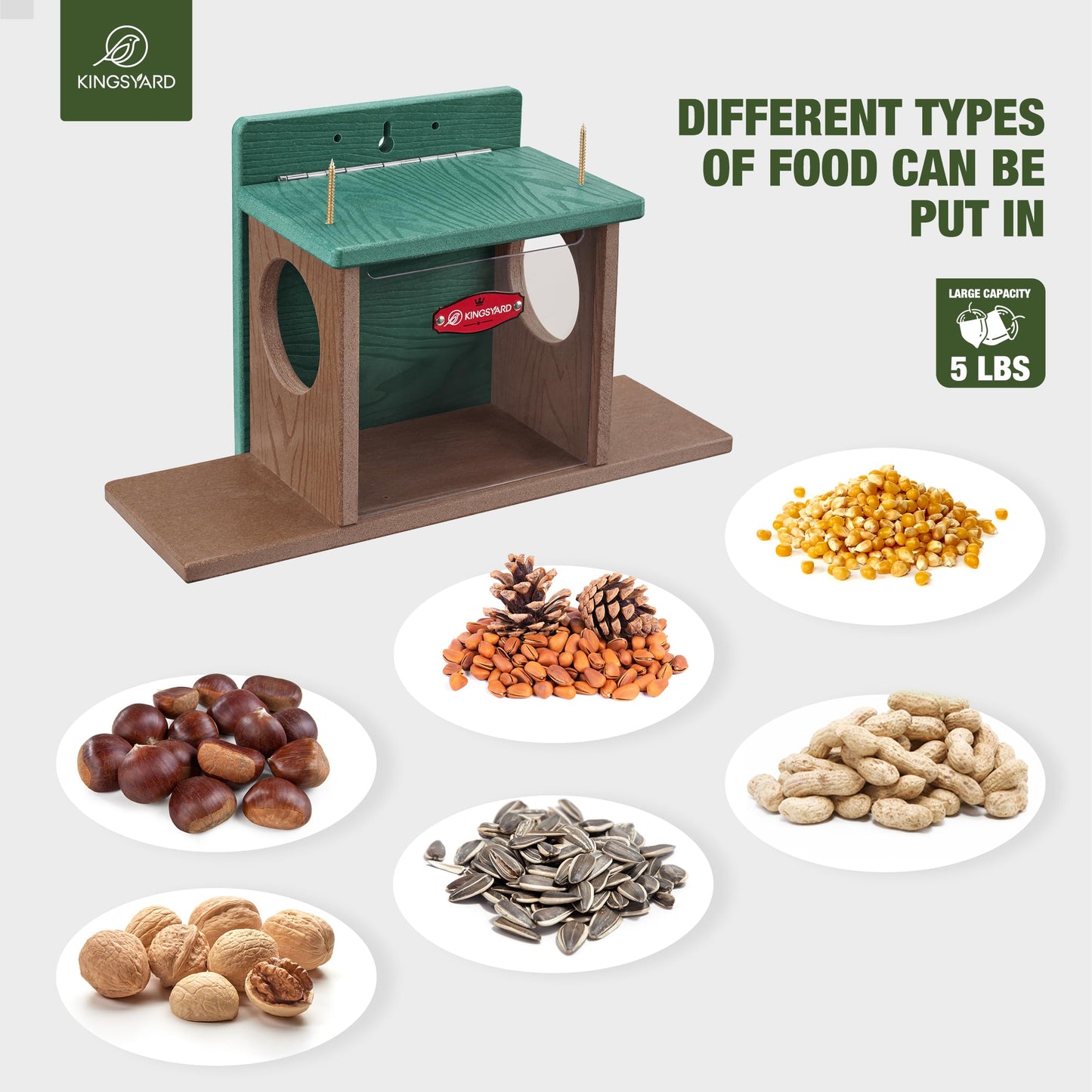 Kingsyard Squirrel Feeder Box for Outside, Recycled Plastic Squirrel Feeder Box with Corn Cob Holders, Easy to Refill & Clean, Weather-Proof Roof (Green)