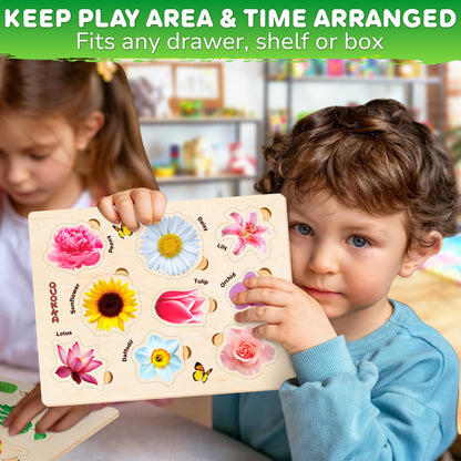 QUOKKA Wooden Puzzles for Toddlers 2-4 – 3X Set Montessori Toys Puzzles for Kids Ages 3-5 – Wood Educational Baby Game 12-18 Months – Gift Learning Mushrooms Flowers Leaves for Boy & Girl 3-5