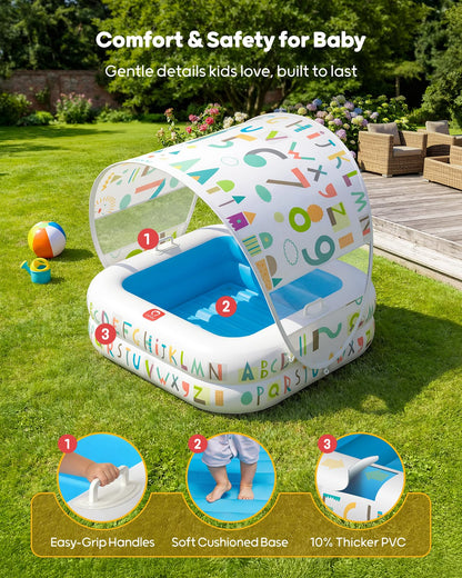 QPAU Baby Pool with Detachable Canopy for Sun Protection, 35" x 10" Portable Inflatable Kids Pool with Padded Bottom, Kiddie Pool & Ball Pit with Handles for Backyard and Indoor, Ages 1-3 (Blue)