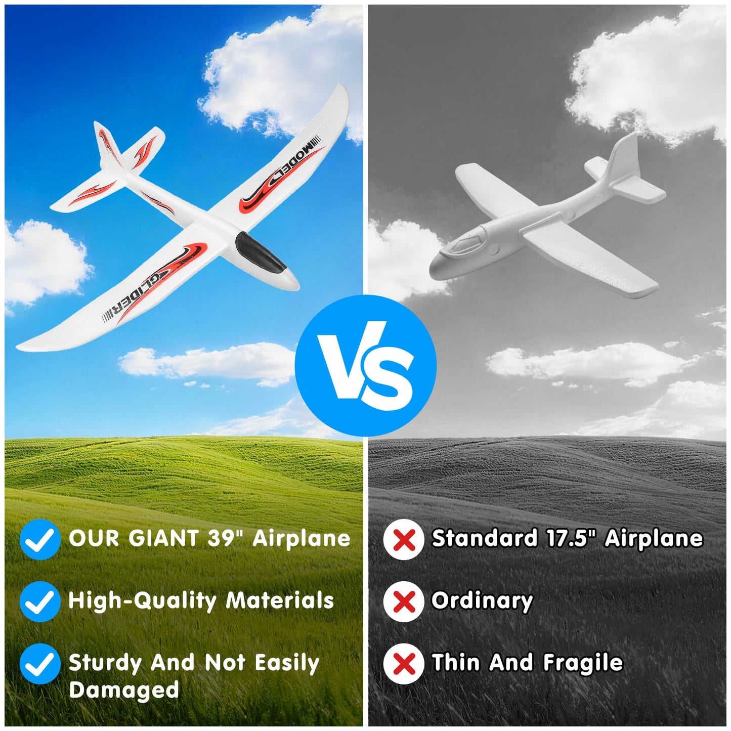NUOBESTY Airplane Toy, 39" Large Throwing Glider Plane 2 Flight Modes Foam Glider Airplane for Kids Flying Plane Toys for Boys, Girls to Play Outdoors, Party Favors