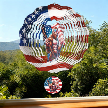Big Foot Wind Spinners Outdoor - Bigfoot Gifts for Men, Bigfoot American Flag Wind Chime for Outside, Hanging Metal Wind Sculptures for Garden Indoor Patio Lawn Yard, Veterans Day
