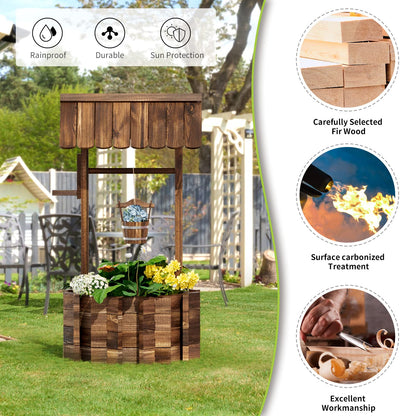 Aoxun Wooden Wishing Well Planters with Hanging Bucket, Garden Helper, Rustic Garden Decor for Outside, Yard, and Patio, Upgrade Reinforced Base, Brown