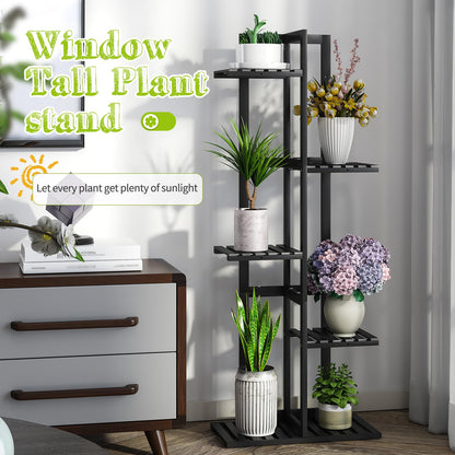 BMOSU Bamboo Plant Stand for Indoor Outdoor Plants Corner Tall Plant Shelf 6 Potted Holder Shelf Plant Rack Holder Display Rack(Black)