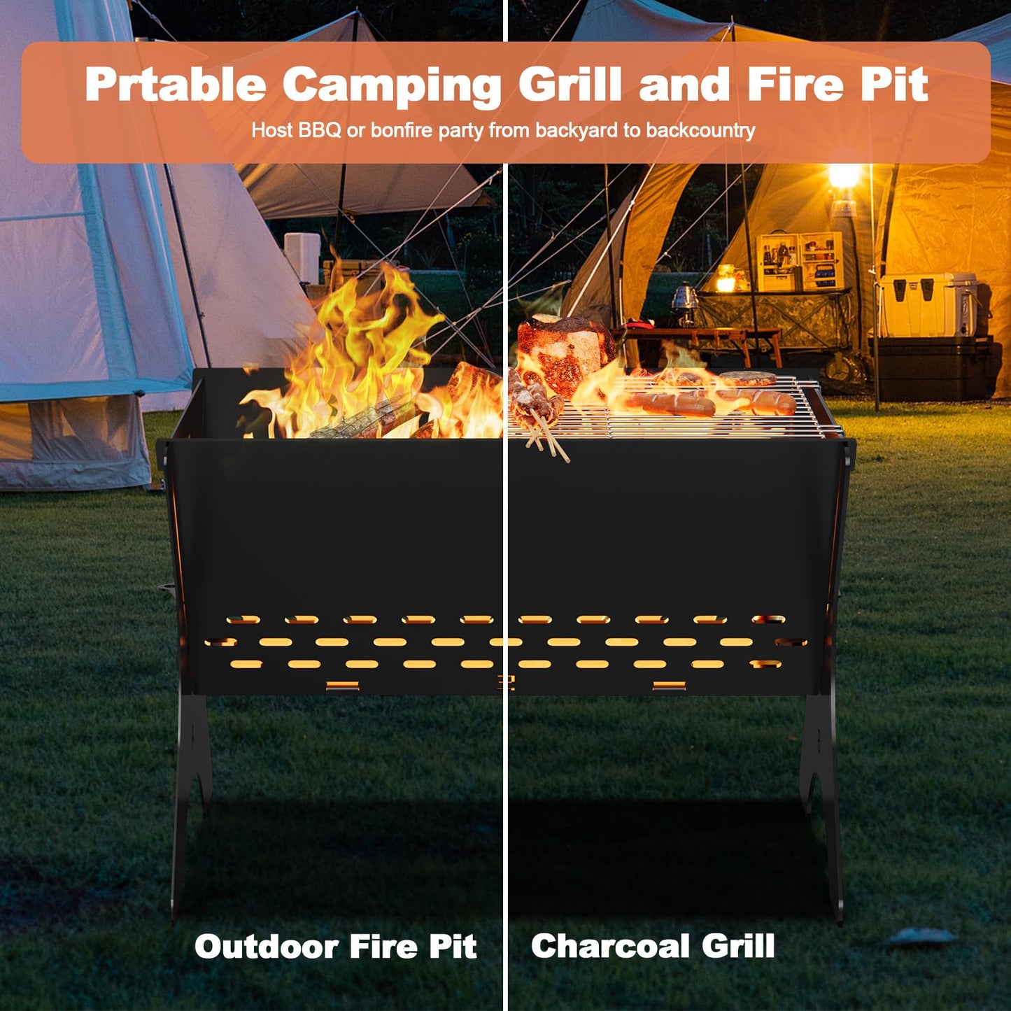Bearfire Camping Campfire Grill, 16"Lx12"D Portable Folding Charcoal Grills, Backpacking BBQ Grill with Carry Bag, Outdoor Fire pit for Camping, Picnic, Bonfire, Patio, Backyard