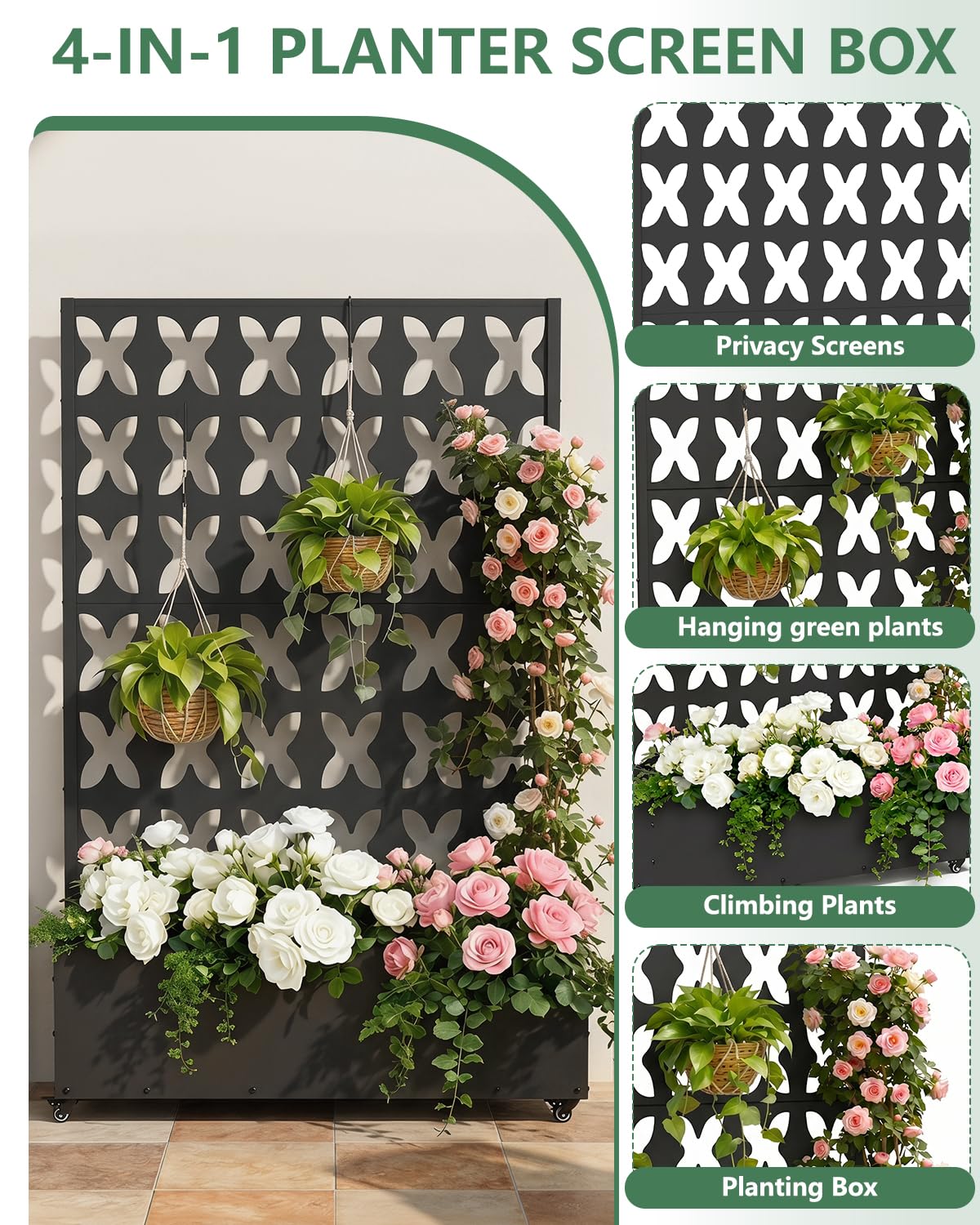 FOLAWO Metal Planter Box with Trellis,70.9"x47.2"x15.7" Raised Garden Bed with Drainage Holes, Privacy Planters for Outdoor Garden Bed for Climbing Plants,Vegetables,and Vines, Black-X