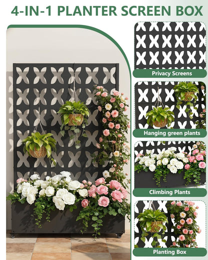 FOLAWO Metal Planter Box with Trellis,70.9"x47.2"x15.7" Raised Garden Bed with Drainage Holes, Privacy Planters for Outdoor Garden Bed for Climbing Plants,Vegetables,and Vines, Black-X