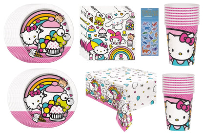 Hello Kitty Birthday Party Supplies Bundle Pack includes 16 Dessert Cake Paper Plates, 16 Paper Napkins 6.5", 16 Paper Cups, 1 Plastic Table Cover, 1 Dinosaur Sticker Sheet