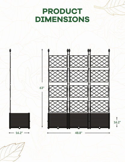 BouPower 4pcs Raised Garden Bed with Trellis & Privacy Screen, 63" h Tall Vertical Planter Box for Climbing Plants, Outdoor Garden Planter Box with Drainage Holes for Patio Balcony, Black