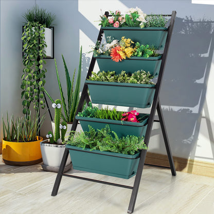 Giantex Set of 2 Vertical Planter Raised Bed, Elevated Garden Beds with Water Drainage Hole, Freestanding 5 Container Boxes for Herb Vegetables Flowers Growing, Outdoor Indoor Patio Balcony