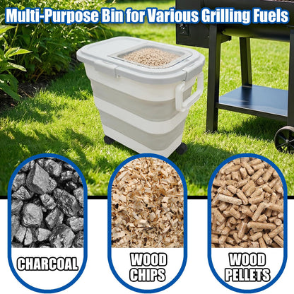 Wood Pellet Storage Containers 35lbs, Collapsible Pellet Storage Bin with Scoop and Label Stickers, Charcoal Storage with Locking Lid Clear Window, Smoker Pellet Storage Pellet Bucket Grill Accessory
