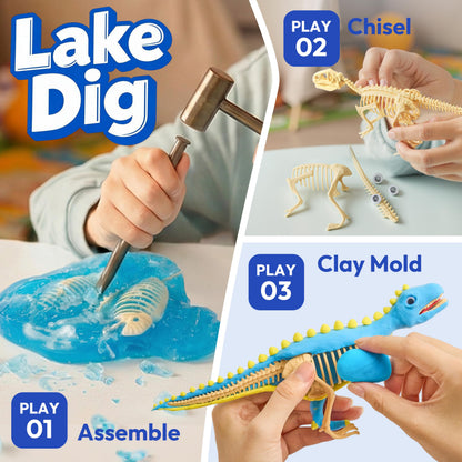 JOVA Klever Kits 3-in-1 Dinosaur Fossil Digging Kit STEM Learning Toys with Glow in The Dark Dinosaurs and Sensory Play Sand, DIY Your Own Dinosaur with 5 Color Clay, Gift for Kids Aged 6+