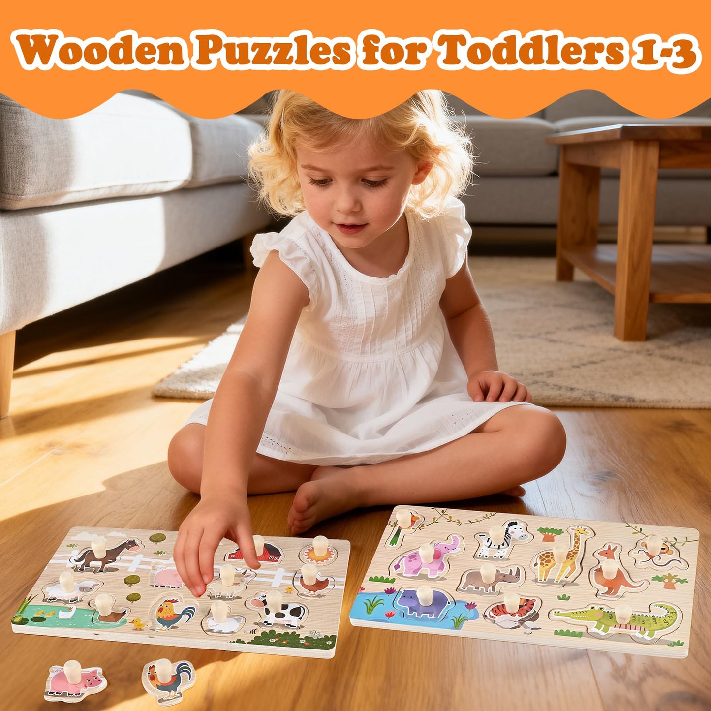 WoodTrove Wooden Peg Puzzles for Toddlers 1-3, 2 Pcs Montessori Puzzles, Zoo & Farm Animal Puzzles, Great Preschool Educational Learning Gifts for Girls and Boys