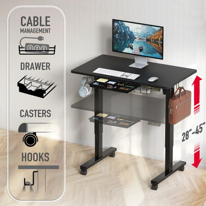SHW 40-Inch Mobile Electric Height Adjustable Sit to Stand Desk with Drawer, Hanging Hooks and Cable Management, Black